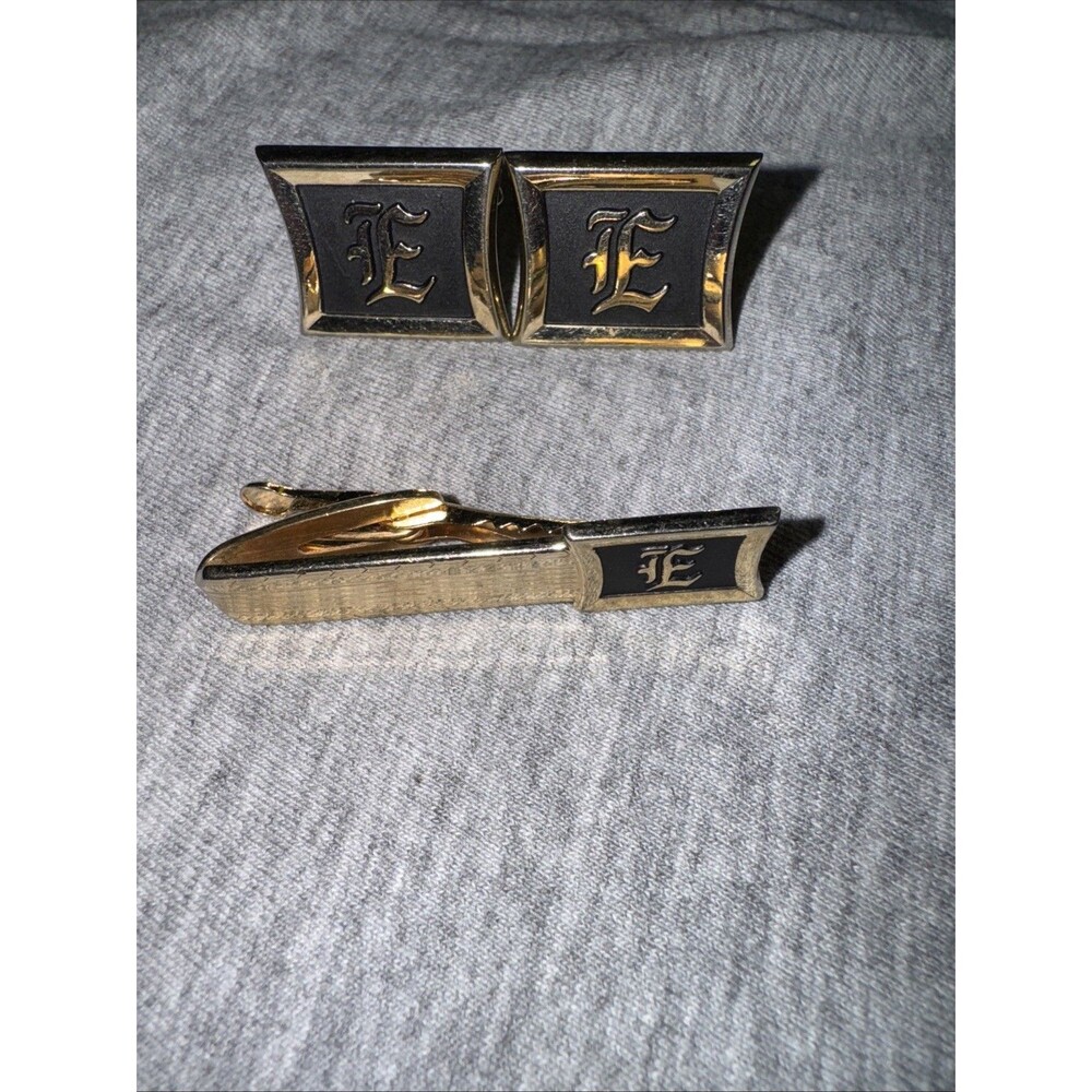 Vintage Hicock Initial Monogram “E” Tie Tack And Cuff Links Set Goldtone